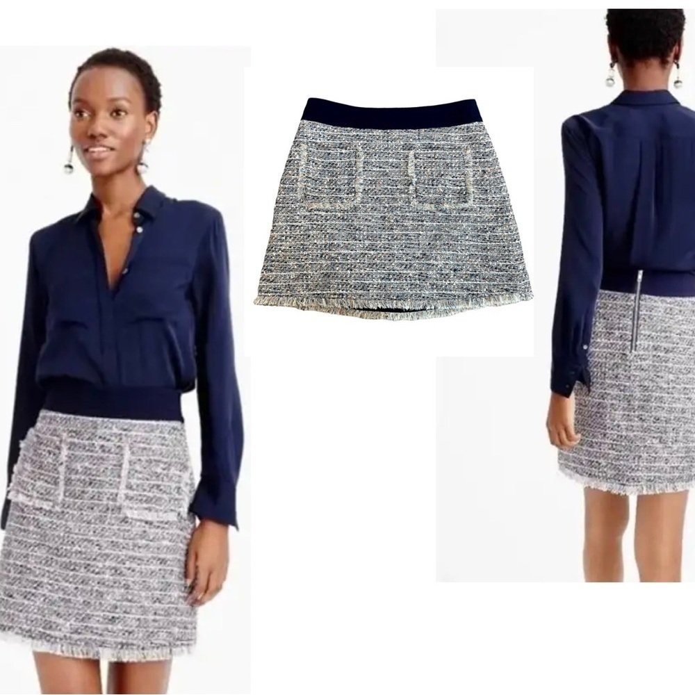 J.Crew Tweed Boucle Knit Fringe Front Patch Pocket High Waisted Skirt Sz 10